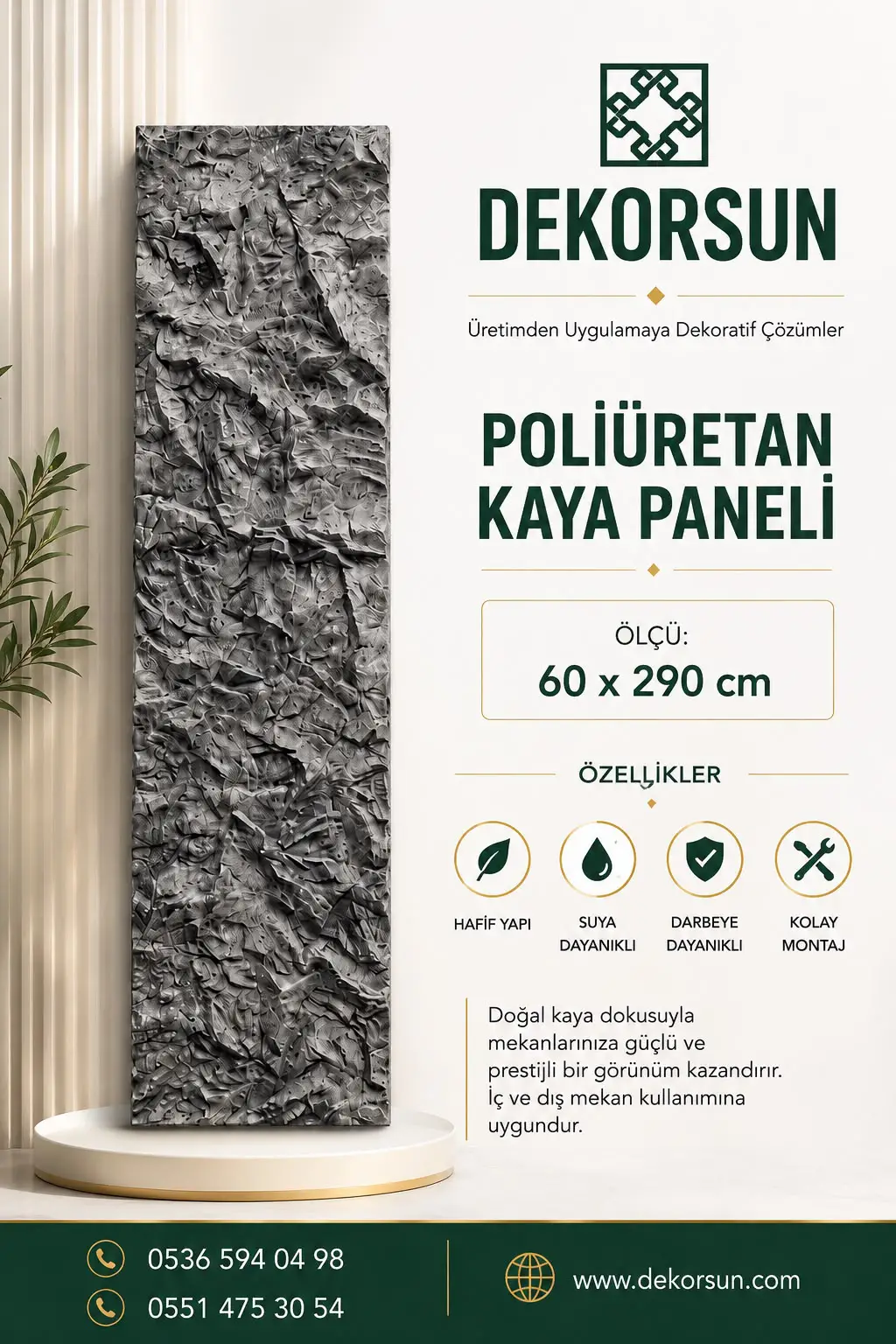 60x290 cm Kaya Desenli Duvar Paneli Gri 