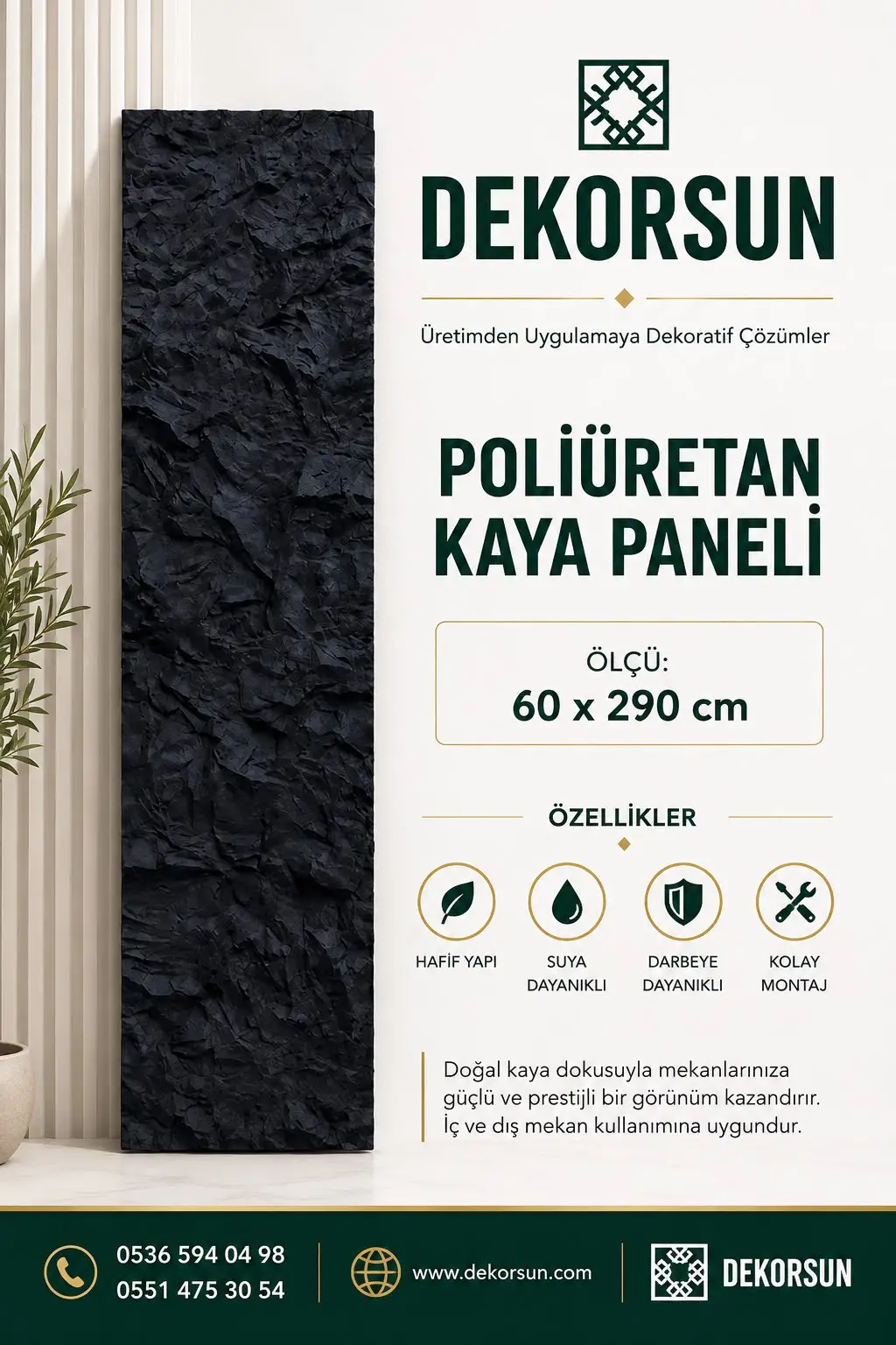 60x290 cm Kaya Desenli Duvar Paneli Siyah 