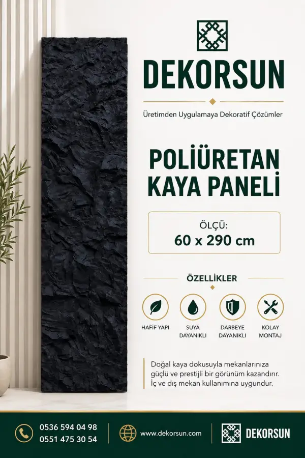 60x290 cm Kaya Desenli Duvar Paneli Siyah 